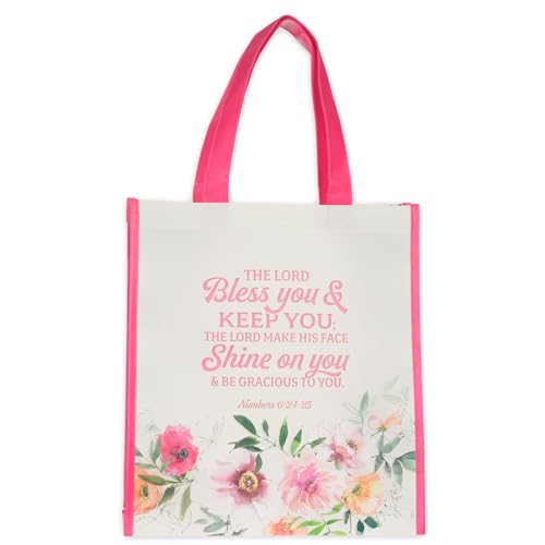 Christian Art Gifts Reusable Shopping Tote Bag for Women: May the Lord Bless You and Keep You - Numbers 6:24 Inspirational Scripture for Supplies, Groceries, Books, Pink & Cream Multicolor Floral - color: Creamy Pink/Lord Bless You
