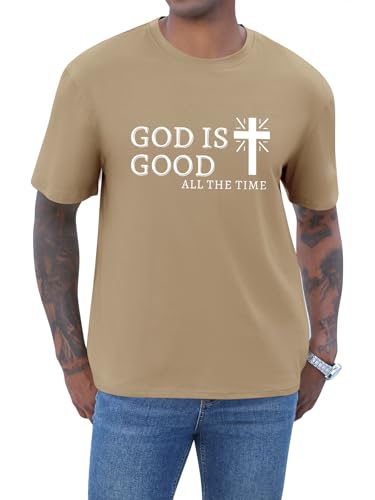 Mens Christian Shirts Shorts Sleeve Crewneck Jesus Cross Printed T Shirts Loose Graphic Tee - color: Khaki, size: Medium