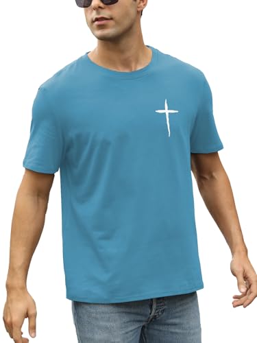 Mens Short Sleeve Cotton T-Shirts Crew Neck Jesus Cross Printed Shirts Faith Christ Shirts - color: Sky Blue, size: Medium