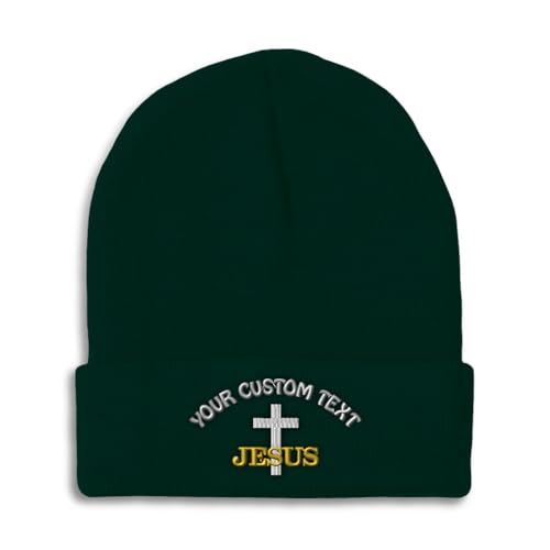 Custom Beanies for Men Christian Cross Jesus Faith Jesus Christ Skull Cap Winter Hats for Women One Size - color: Forest Green Personalized Text Here