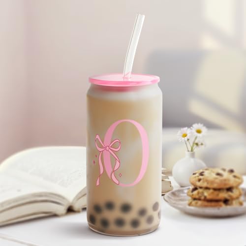 SANDJEST Monogrammed Glass Drinking Can Cup with Acrylic Lid and Straw, Personalized Frosted Iced Coffee Tumbler 16oz, Monogram Initial Gifts for Women Girls on Birthday (O) - color: O