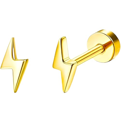 Stainless Steel Stud Earring 1 Pair Gold Small Flatback Earrings Helix Hypoallergenic Flat Back Jewellery Dainty Screwback Tiny Jewelry for Sensitive Ears Women Ladies Aretes De Mujer - style: Lightning