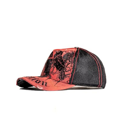 Affliction Men's Baseball Cap, Gothic Style, Embroidered Pattern - color: Dirty Red Potassium Spray (Crows)