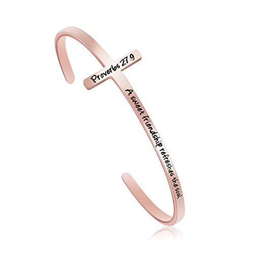 Memgift 𝐂𝐫𝐨𝐬𝐬 𝐁𝐫𝐚𝐜𝐞𝐥𝐞𝐭 Religious Cuff Bangle 𝐁𝐢𝐛𝐥𝐞 𝐕𝐞𝐫𝐬𝐞 Christian Gifts Jewelry for 𝐖𝐨𝐦𝐞𝐧 - style: Rose gold-A sweet friendship refreshes the soul -Proverbs 27:9