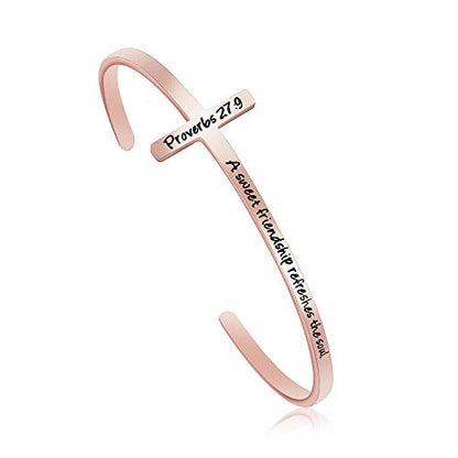 Memgift 𝐂𝐫𝐨𝐬𝐬 𝐁𝐫𝐚𝐜𝐞𝐥𝐞𝐭 Religious Cuff Bangle 𝐁𝐢𝐛𝐥𝐞 𝐕𝐞𝐫𝐬𝐞 Christian Gifts Jewelry for 𝐖𝐨𝐦𝐞𝐧 - style: Rose gold-A sweet friendship refreshes the soul -Proverbs 27:9