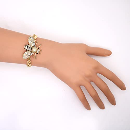 Honey Bee Brooches Crystal Insect Themed Bee Brooch Animal Fashion Shell Pearl Brooch Pin Gold Tone - color: Gold Pearl Chain