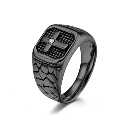 Vintage Cross Ring for Men, Silver-Tone/Black Stainless Steel with Cubic Zirconia, Signet Biker Style Christian Religious Prayer Holy Jewelry Size 8-11 - color: Black