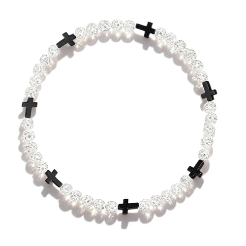 Baseball Bead Cross Necklace for Boys Kids, Elastic Rhinestone Bling Necklace Drip Gifts for Teens Players - color: Black Cross/White