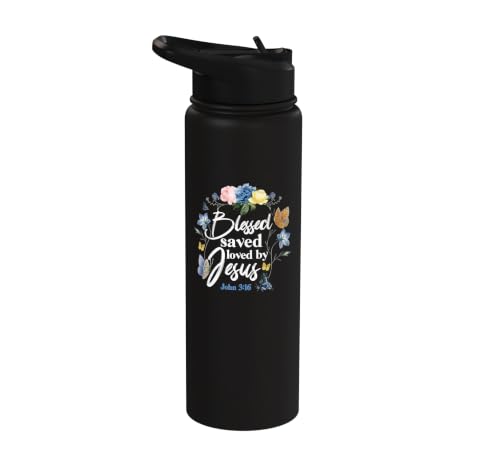 Christian Bible Verse Quote Butterfly Rose Flower John 3:16 Stainless Steel Insulated Water Bottle - color: Black