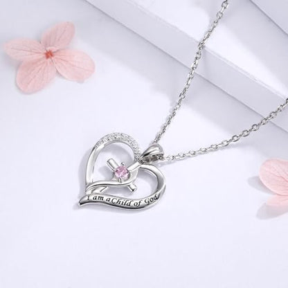 925 Sterling Silver I Am a Child of God Scripture Pendant with Birthstone Heart Cross Communion Necklace for Women Christian Faith Jewelry Gift - color: October