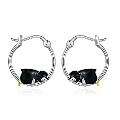 Fox/Pig/Mushroom/Cat Earrings Sterling Silver Cute Hoop Earrings Animal Jewelry Gifts for Women Daughter - style: Penguin