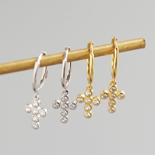 925 Sterling Silver Dangle Earrings Heart Star Cross Drop Earrings Dainty Gold Trendy Cute Earrings for Women - color: Cross, gold