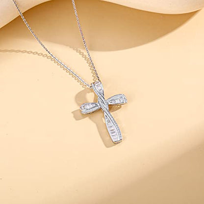 FANCIME Cross Necklace For Women Sterling Silver Cubic Zirconia Twisted Cross Infinity Open Loop Pendant Gift For Women, 18" Extender - color: Sliver Ribbon Shine
