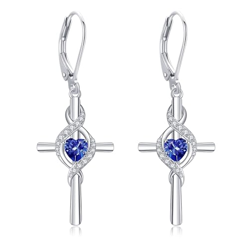 ONEFINITY Cross Earrings for Women 925 Sterling Silver Cross Birthstone Dangle Drop Earrings Infinity Cross Religious Jewelry Gifts for Women - color: 09-Sept-Created Sapphire
