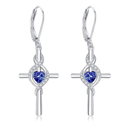 ONEFINITY Cross Earrings for Women 925 Sterling Silver Cross Birthstone Dangle Drop Earrings Infinity Cross Religious Jewelry Gifts for Women - color: 09-Sept-Created Sapphire