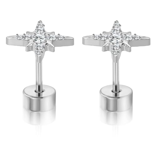 XUU 20G Flat Back Stud Earrings ASTM F136 Titanium & Sparkling CZ - color: silver cross star