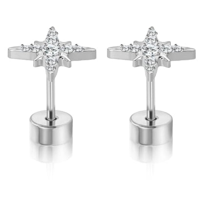 XUU 20G Flat Back Stud Earrings ASTM F136 Titanium & Sparkling CZ - color: silver cross star