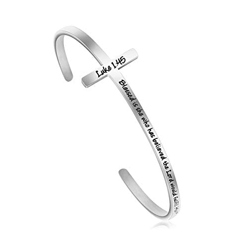Memgift 𝐂𝐫𝐨𝐬𝐬 𝐁𝐫𝐚𝐜𝐞𝐥𝐞𝐭 Religious Cuff Bangle 𝐁𝐢𝐛𝐥𝐞 𝐕𝐞𝐫𝐬𝐞 Christian Gifts Jewelry for 𝐖𝐨𝐦𝐞𝐧 - style: Silver cuff-Blessed is she who has believed ... to her -Luke 1:45