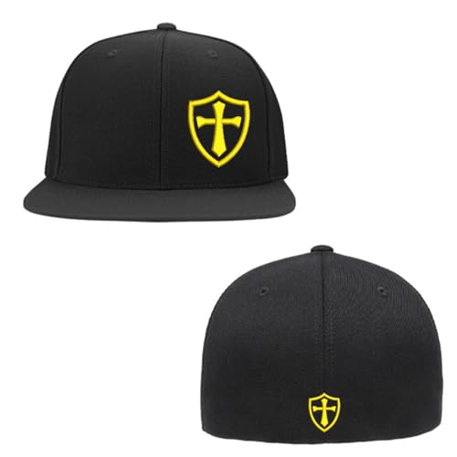 Crusader Cross Military Logo Front and Back Embroidered Fitted Hat Black Grey Navy Red Olive Royal Blue Curved or Flat Brim - color: Black Flat W/ Yellow Logo, size: Small-Medium