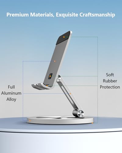 Phone Stand for Desk, 360° Rotating Dual Adjustable Foldable Cell Phone Holder, Heavy Solid All-Aluminum Base Anti-Slip Stable Support for Home Office Study, Fits iPhone Galaxy 4-8" Phones - color: Silver