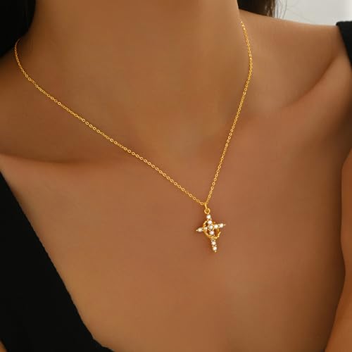 925 Sterling Silver Cross With Crown Necklace for Women 16+2 Inch - color: Gold + Pearl