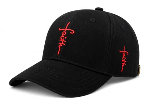 Christian Faith Cross Hats, Embroidered Baseball Caps for Men & Women - color: Black/Red