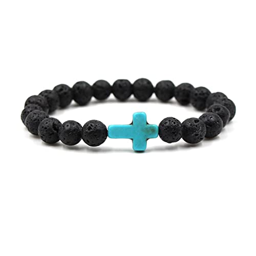FORUBUS Lava Rock Stone Beaded Bracelet, Cross Charm Natural Volcanic Stone beads Turquoise Stretch Bracelet for Women Men Religion Jewelry Pray Baptism Gift - color: 1pcs turquoise