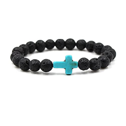 FORUBUS Lava Rock Stone Beaded Bracelet, Cross Charm Natural Volcanic Stone beads Turquoise Stretch Bracelet for Women Men Religion Jewelry Pray Baptism Gift - color: 1pcs turquoise