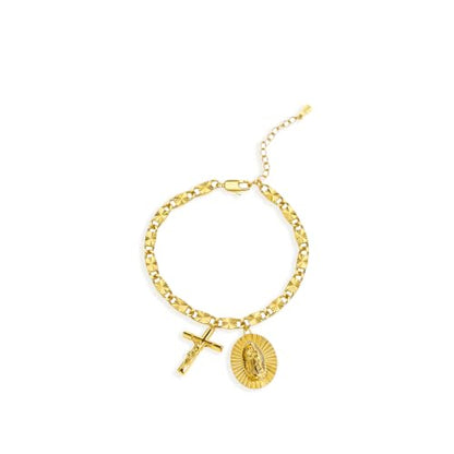 Catholic Rosary Bracelet with Our Lady of Graces Medal and Crucifix Charm, 18K Gold Plated