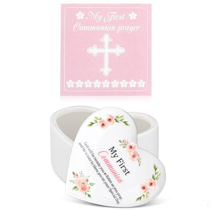 Funtery First Communion Gifts for Girls Ceramic Jewelry Keepsake Box with a Pray Card 1st Holy Communion Gifts for Girls Boys(Heart,Pink)