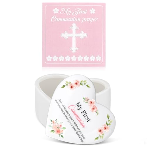 Funtery First Communion Gifts for Girls Ceramic Jewelry Keepsake Box with a Pray Card 1st Holy Communion Gifts for Girls Boys(Heart,Pink)