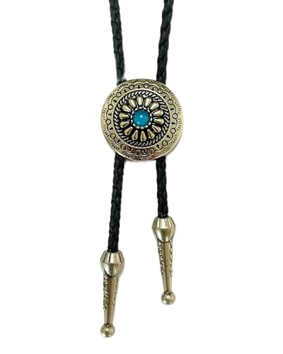MULBA Vintage American Western Cowboy Indian Art Stone Leather Bolo Tie For Men Women - color: Flowers01-blue