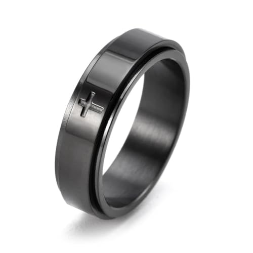 Fuqimanman2020 6mm Stainless Steel Cross Spinner Band Ring Stress Relief Christian Jesus Christ Lord Prayer Rotating Fidget for Men Women Anxiety Religious Engagement Wedding Jewelry - color: Black