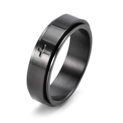 Fuqimanman2020 6mm Stainless Steel Cross Spinner Band Ring Stress Relief Christian Jesus Christ Lord Prayer Rotating Fidget for Men Women Anxiety Religious Engagement Wedding Jewelry - color: Black