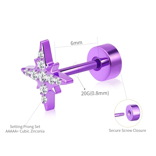 XUU Purple Stud Earrings 20G ASTM F136 Implant-Grade Titanium - color: purple cross star