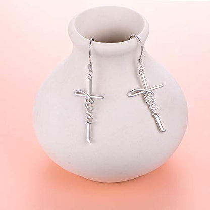 925 Sterling Silver Infinity Love of God Simple Dainty Faith Cross Dangle Earrings Religious Gift for Women - color: Jesus 2