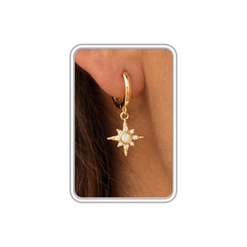 Dangle Earrings for Women, Dainty Huggie Hoop Dangle Earrings - color: Starburst 01 Dangle Gold