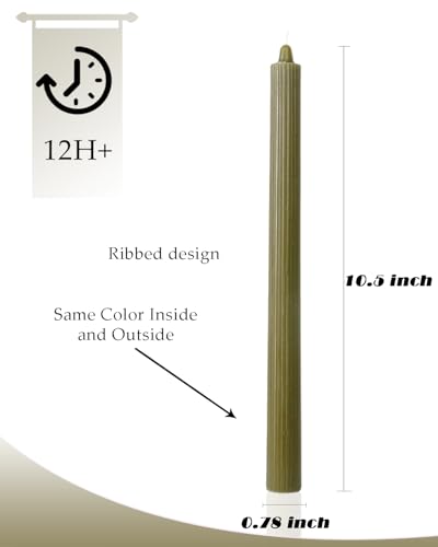 Olive Ribbed Taper Candles 10.5 inch Green Tapered Candles Ideal as Dinner Candle Smokeless and Unscented Candle Sticks Long Burning,Set of 12 - color: Ribbed10.5''-Olive