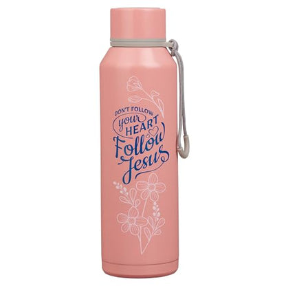 Christian Art Gifts Insulated Stainless Steel Follow Jesus Water Bottle for Women: Double-Wall Vacuum Sealed, Carry Loop, Leak-Proof Twist Cap, Pink Floral, 24 oz.