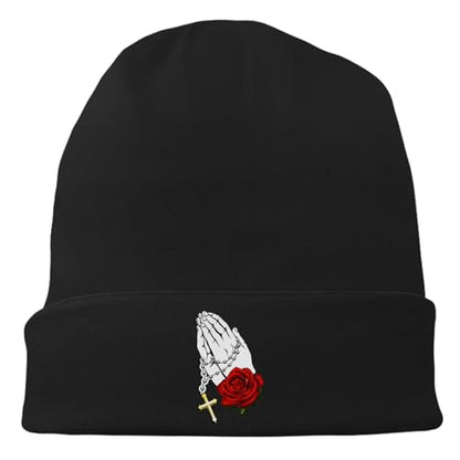 Black Flexible Classic Adult Beanie Cap for Men Women - Warm Knitted Hat for Winter, Chemo Cap Headwear - color: Praying Hands