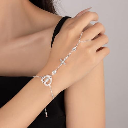 Gold Hand Chain Bracelets for Women, 18K Gold Plated Dainty Ring Bracelet Hand Chain Trendy Finger Ring Bracelet Hand Chains Jewelry Gifts for Women - color: Silver