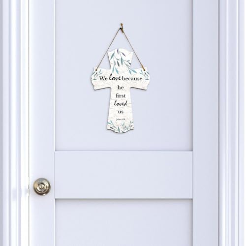 We love because he first loved us. John 4:19 11.5" x 8" Cross Hanging Sign | Rustic Twine | Inspiring Religious Bible Decor