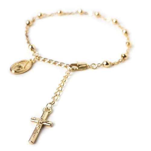 Stunning Catholic Rosary Bracelet for Women with Our Lady of Graces Medal and Cross Crucifix Charm, 14K Gold Plated, Adjustable - Dainty Elegant Religious Jewelry Gift