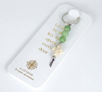 Christian Cross Keychain - Natural Stone Beaded Faith Gift for Baptism, Confirmation or Christmas - color: Lime Green