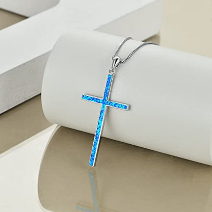 POPLYKE Cross Necklace 925 Sterling Silver Philippians 4:13 I Can Do All The Things Inspirational Necklace Gifts for Women Men 20+2'' - color: Blue Opal