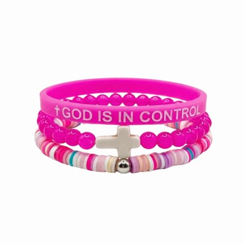 God Is In Control Christian Stackable Bracelet Set for Women Men, 3Pcs Inspirational Faith Cross Beaded Silicone Bracelets, Religious Bible Verse Elastic Wristbands Gift - color: Pink