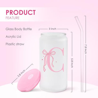 SANDJEST Monogrammed Glass Drinking Can Cup with Acrylic Lid and Straw, Personalized Frosted Iced Coffee Tumbler 16oz, Monogram Initial Gifts for Women Girls on Birthday (C) - color: C