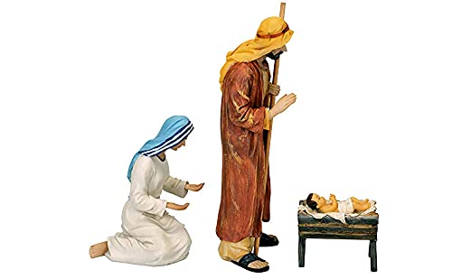 Three Kings Gifts Holy Family Nativity Set, 3-Piece Polystone Mary, Joseph, and Baby Jesus with Manger Figures, Flat Bottom Base Collectibles for 10-Inch Scale Christmas Nativity Scene - size: 10 inch