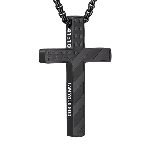 Cross Necklace for Men Black Gold Silver American Flag Pendant Chain Bible Verse Stainless Steel Necklaces Mens Stocking Stuffers for Christmas Christian Gifts - color: black, style: 41:10-