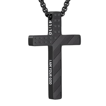 Cross Necklace for Men Black Gold Silver American Flag Pendant Chain Bible Verse Stainless Steel Necklaces Mens Stocking Stuffers for Christmas Christian Gifts - color: black, style: 41:10-